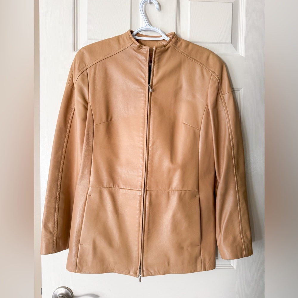 Danier Light Brown Leather Jacket,  Zipper Closure & Pockets Funnel Neck